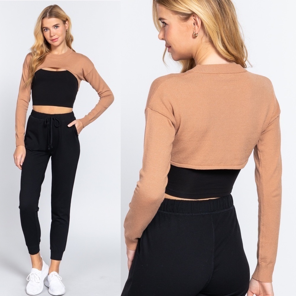 #6 New Tan Long Sleeve Sweater Crop Top - Elegance Meets Coziness bolero